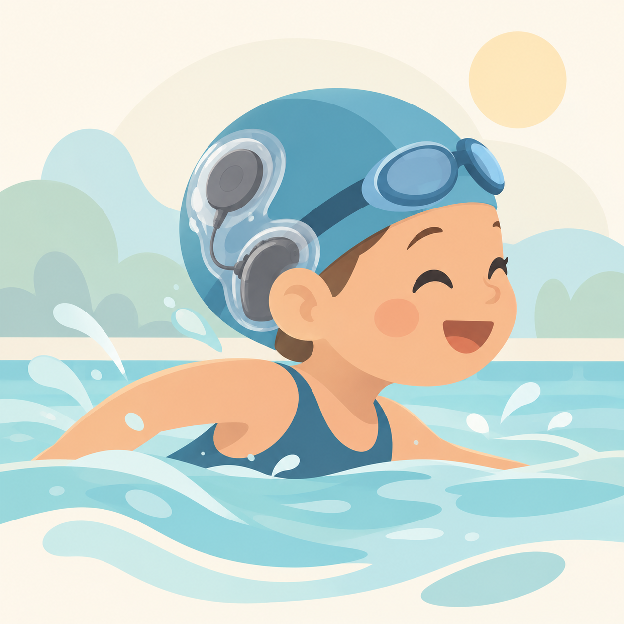 Illustration of a child swimming with a swim cap, goggles, and an audio processor in a transparent cover