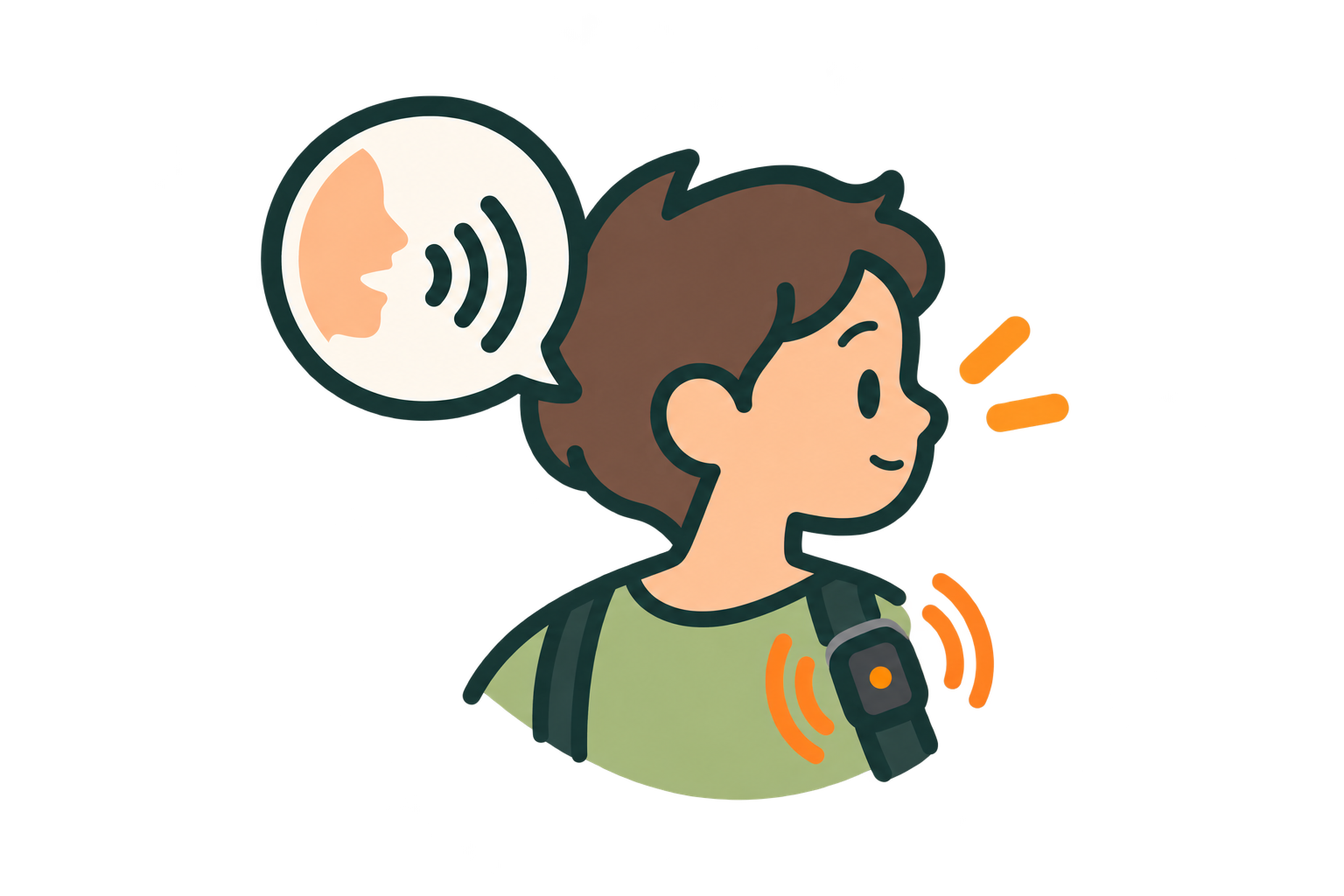 Illustration of a child wearing a small vibrating device, with a speech bubble representing someone calling their name