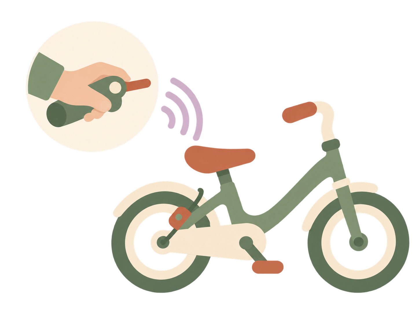 Illustration of a hand operating a remote control beside a child’s bicycle with an additional brake actuator