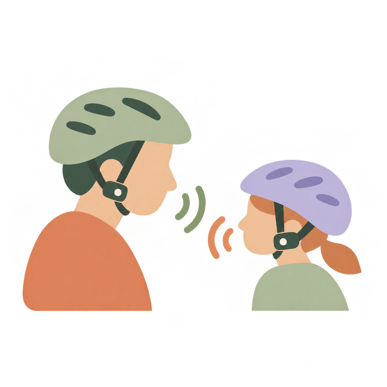 Illustration of an adult and child in bicycle helmets with strap-mounted communication units and sound waves between them