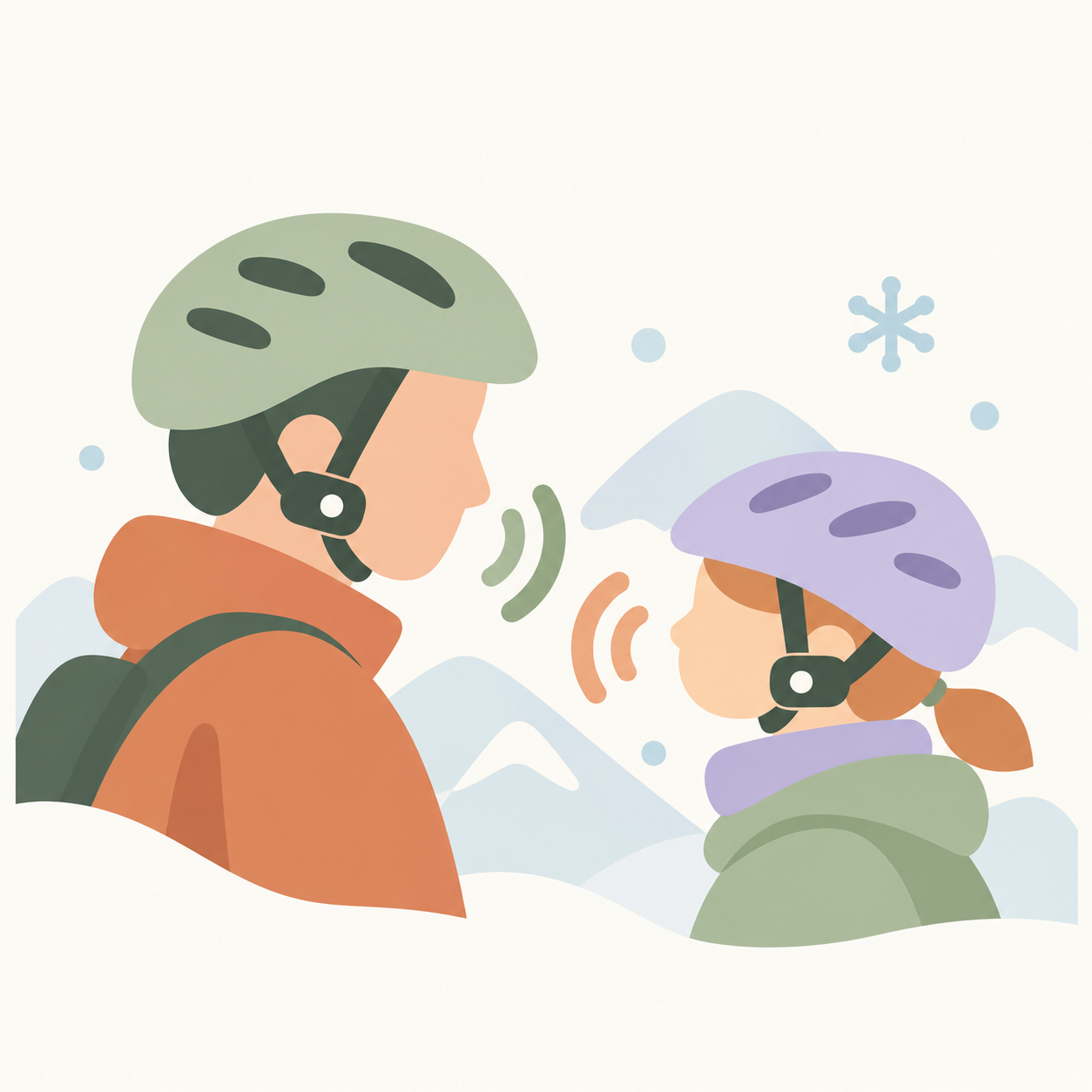 Illustration of an adult and child wearing helmets and communicating in a snowy mountain setting
